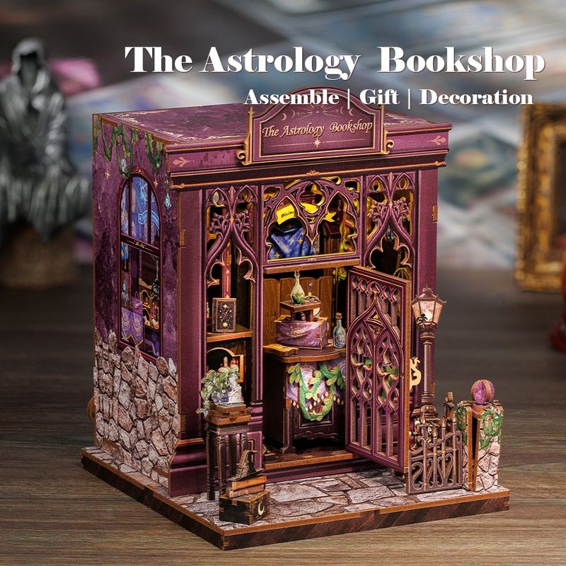 image displaying a 45 degree view of The Astrology Bookshop DIY Book Nook Kit with door opening