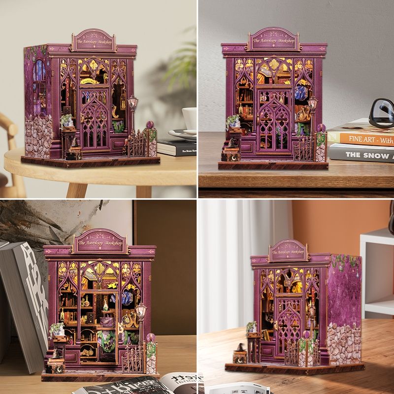 image displaying four views of The Astrology Bookshop DIY Book Nook Kit on table