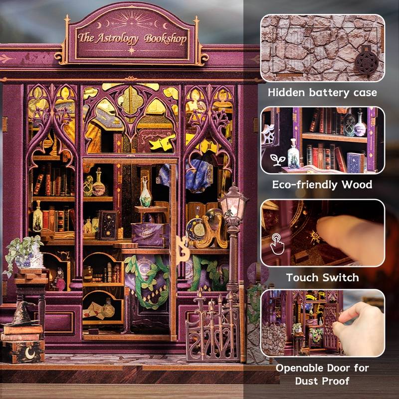 image displaying designs and features of The Astrology Bookshop DIY Book Nook Kit