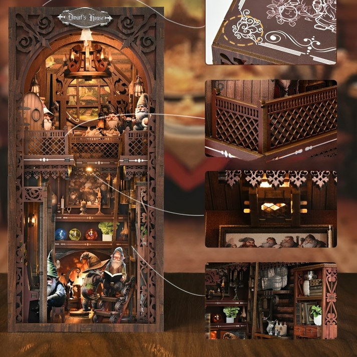 image displaying the key features of The Dwarfs’ House Book Nook, including the touch switch, warm light, high quality and eco-friendly wood