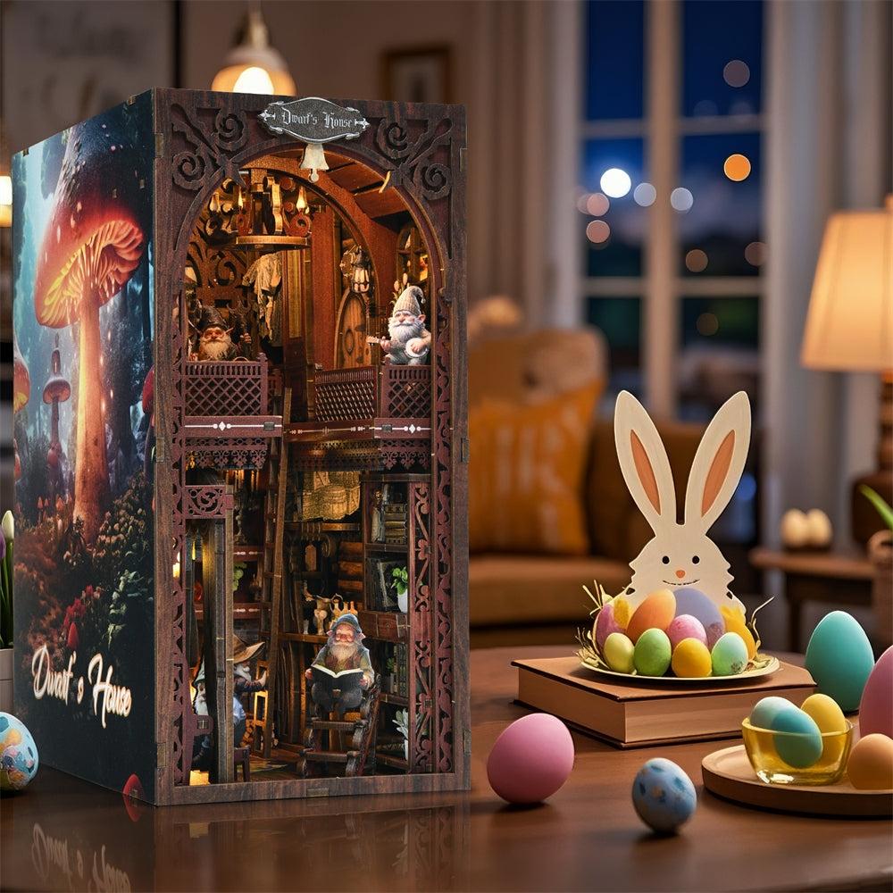 image displaying the finished Dwarfs’ House Book Nook on table as a cozy home decoration