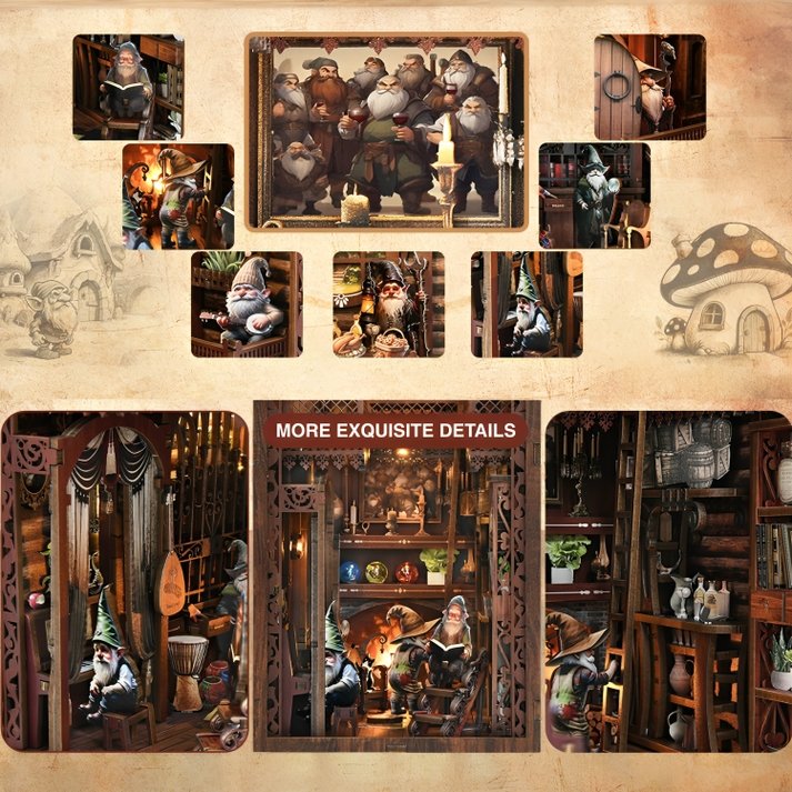 image displaying the miniature scenes of The Dwarfs’ House Book , Nook, and a picture of the 7 Dwarfs