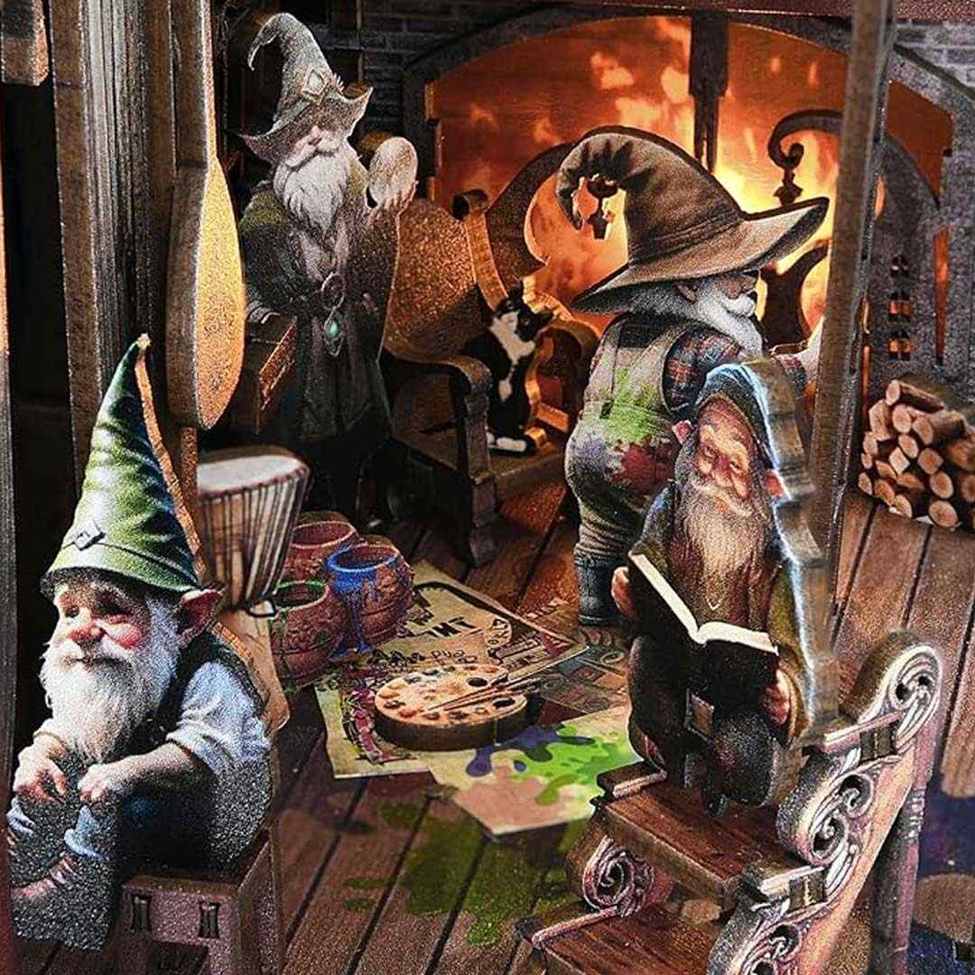 image displaying close-up the miniature scenes in The Dwarfs’ House Book Nook