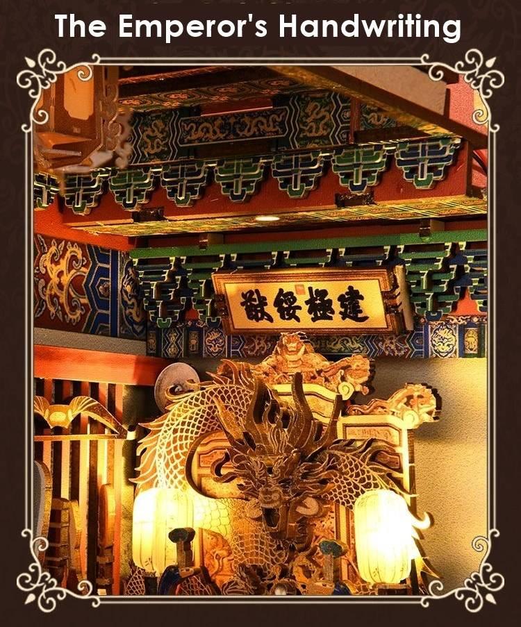 The Emperor's Study DIY Book Nook Kit, a stunning replica of the Chinese Imperial Study. Features abundant miniature scenes, smooth assembly, touch switch light. Perfect for history enthusiasts, book lovers, and DIY hobbyists alike, bookend lovers, model building lovers, dollhouse collectors, bookshelf insert decor.