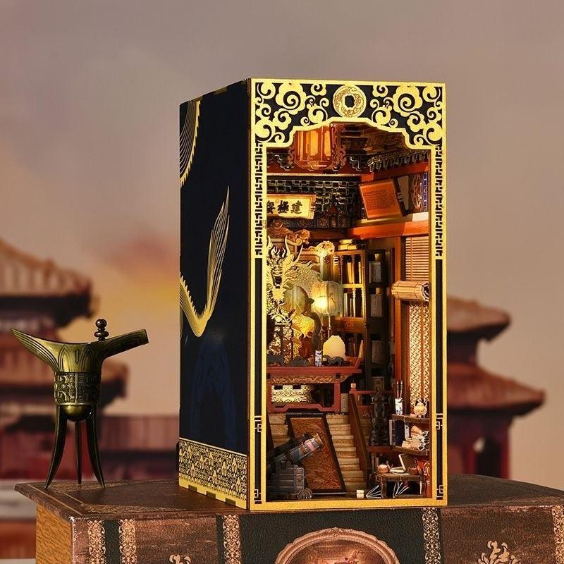 The Emperor's Study DIY Book Nook Kit, a stunning replica of the Chinese Imperial Study. Features abundant miniature scenes, smooth assembly, touch switch light. Perfect for history enthusiasts, book lovers, and DIY hobbyists alike, bookend lovers, model building lovers, dollhouse collectors, bookshelf insert decor.