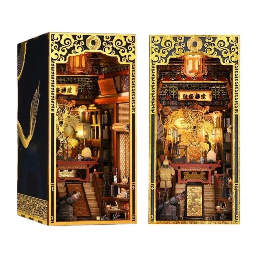 The Emperor's Study DIY Book Nook Kit, a stunning replica of the Chinese Imperial Study. Features abundant miniature scenes, smooth assembly, touch switch light. Perfect for history enthusiasts, book lovers, and DIY hobbyists alike, bookend lovers, model building lovers, dollhouse collectors, bookshelf insert decor.