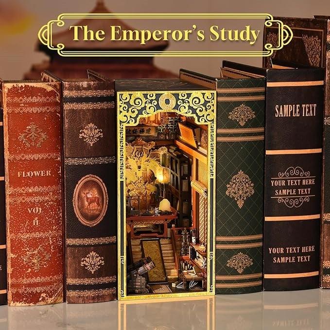 The Emperor's Study DIY Book Nook Kit, a stunning replica of the Chinese Imperial Study. Features abundant miniature scenes, smooth assembly, touch switch light. Perfect for history enthusiasts, book lovers, and DIY hobbyists alike, bookend lovers, model building lovers, dollhouse collectors, bookshelf insert decor.
