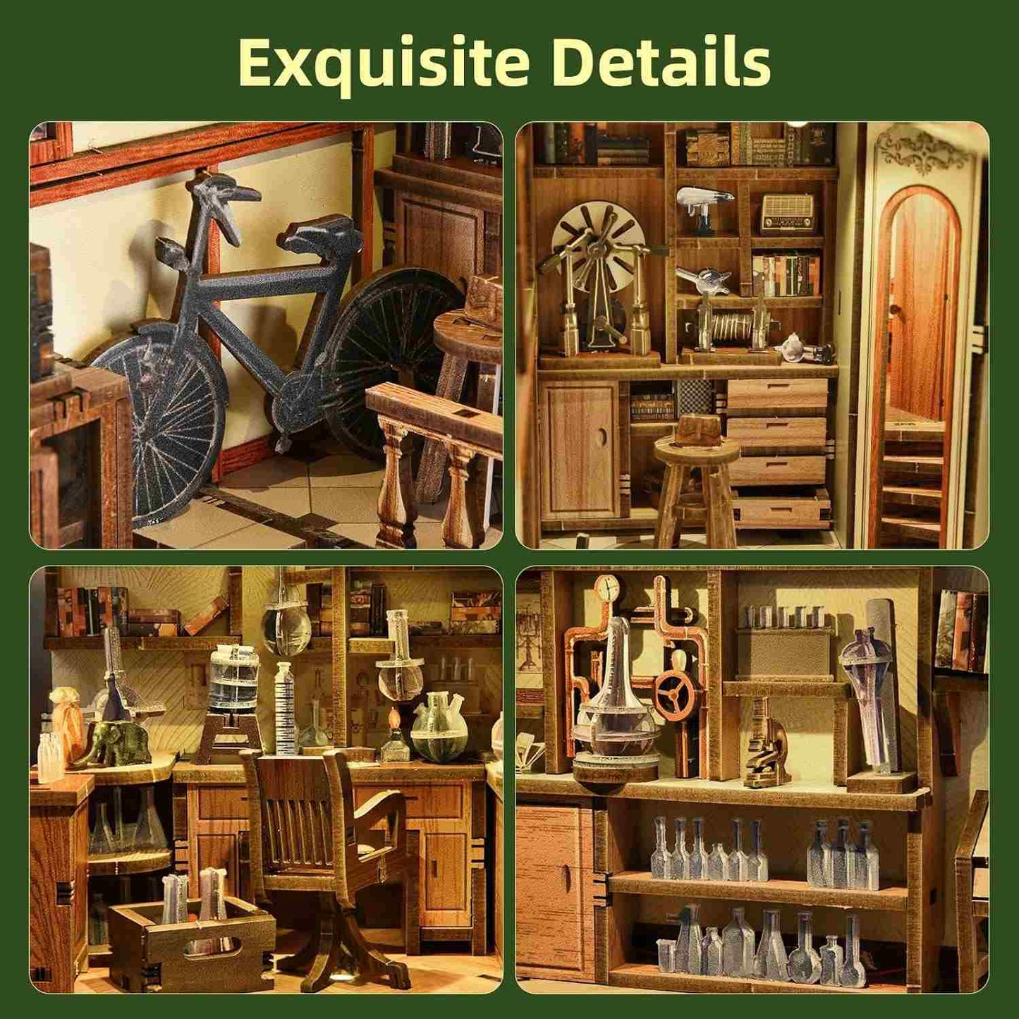 Collage of detailed wooden miniature furniture and decor in the Radium Lady's room Book Nook