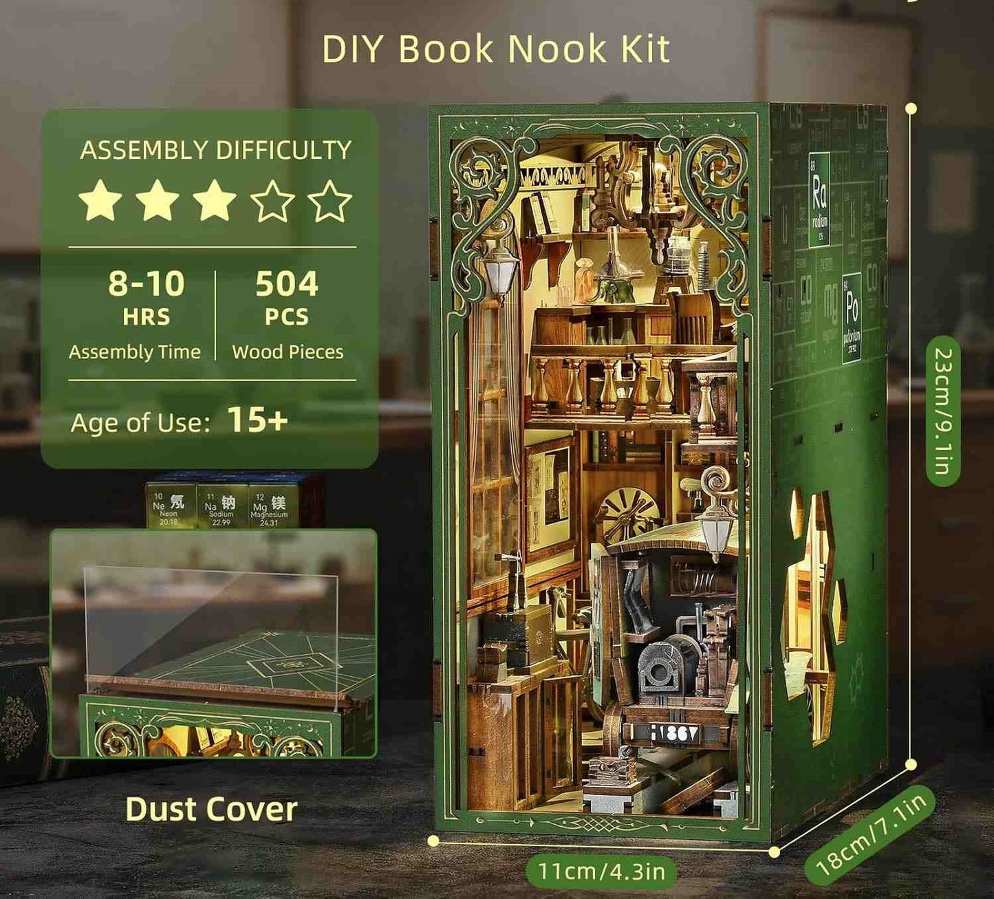 The Radium Lady DIY Book Nook Kit with parameters including assembly difficulty, time, and pieces