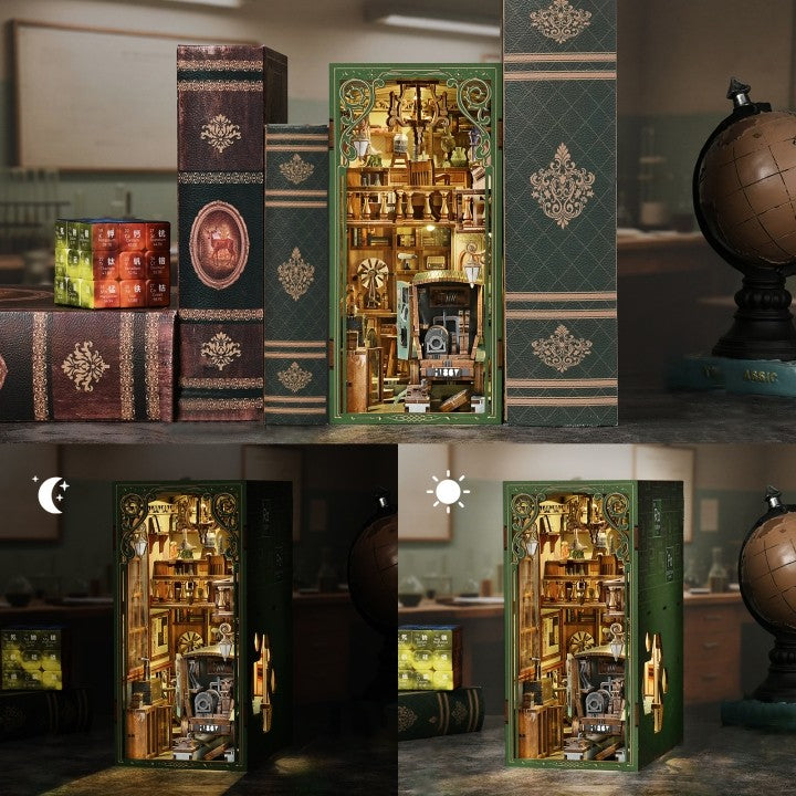 Decorative Madame Curie inspired Book Nook with interior lights and intricate design between books as bookshelf insert decoration