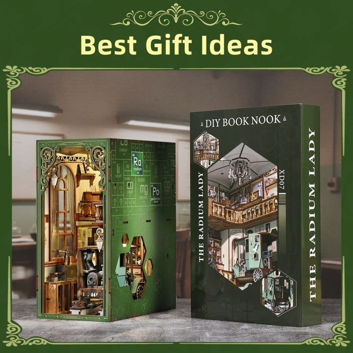 assembled DIY book nook kit inspired by Madame Curie, and its out package