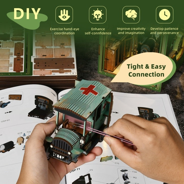 Person assembling a miniature model of a medical vehicle with educational text about benefits