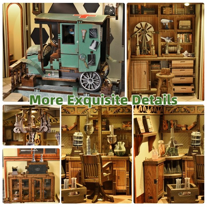 Collage of detailed wooden models and furniture of The Radium Lady Book Nook