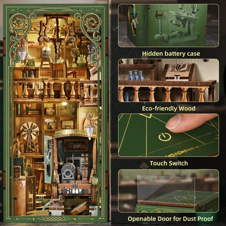 Wooden Book Nook inspired by Madame Curie with intricate details, highlighting features like a hidden battery case and eco-friendly wood.