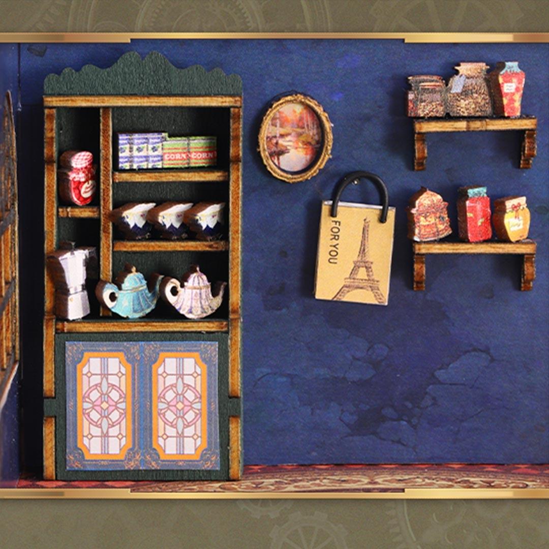 Wooden shelves with decorative items against a blue wall
