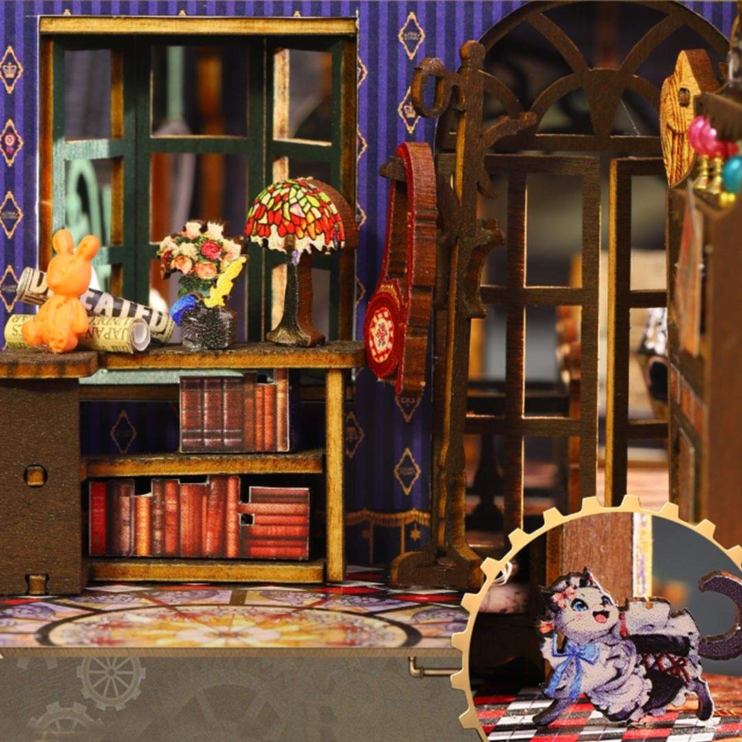 Miniature room setup with books, lamp, and decorative items on a checkered floor.