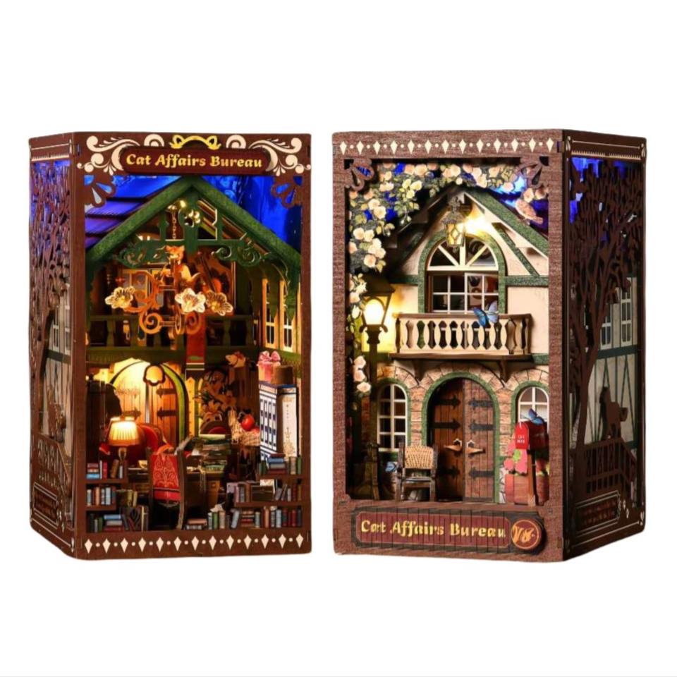 image displaying the double-sided miniature scenes of The Cat Bureau DIY Book Nook Kit