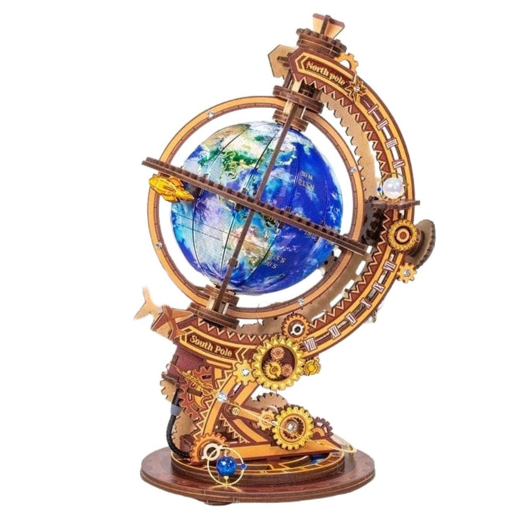 3D metal globe model with mechanical design on a white background
