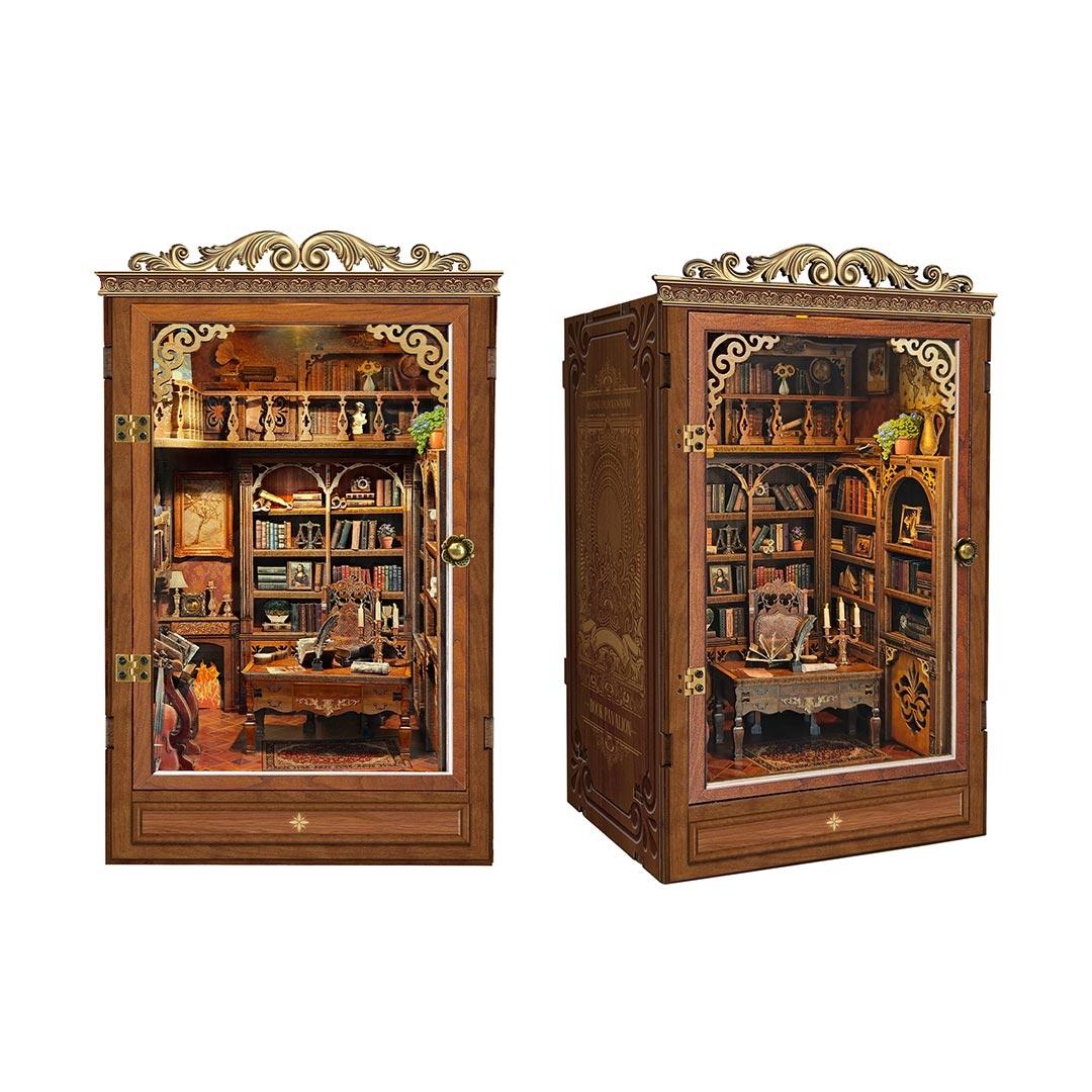 image displaying the front and side of the assembled Time Book House Wooden Book Nook