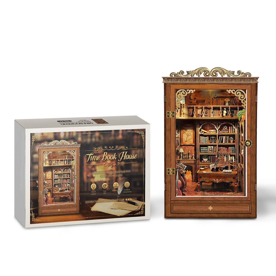 image displaying the package and the assembled Time Book House Wooden Book Nook DIY Kit