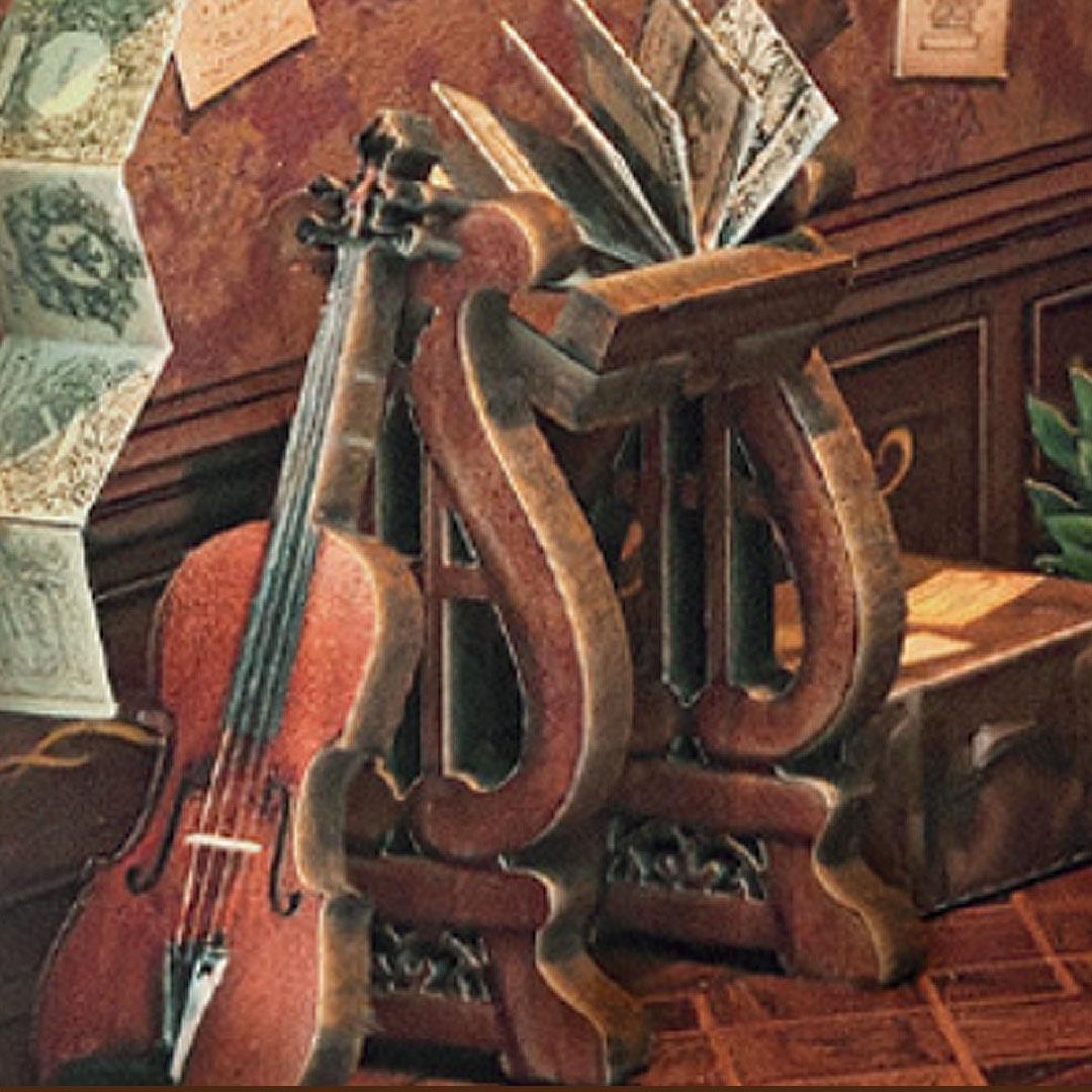 close-up the tiny wooden violin in the Time Book House Wooden Book Nook