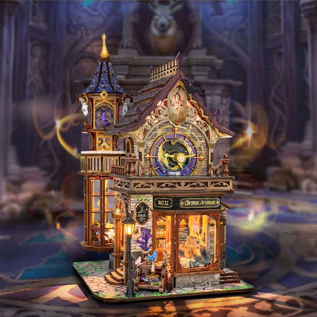 Detailed miniature magic house of a clock tower with intricate design in a fantasy setting