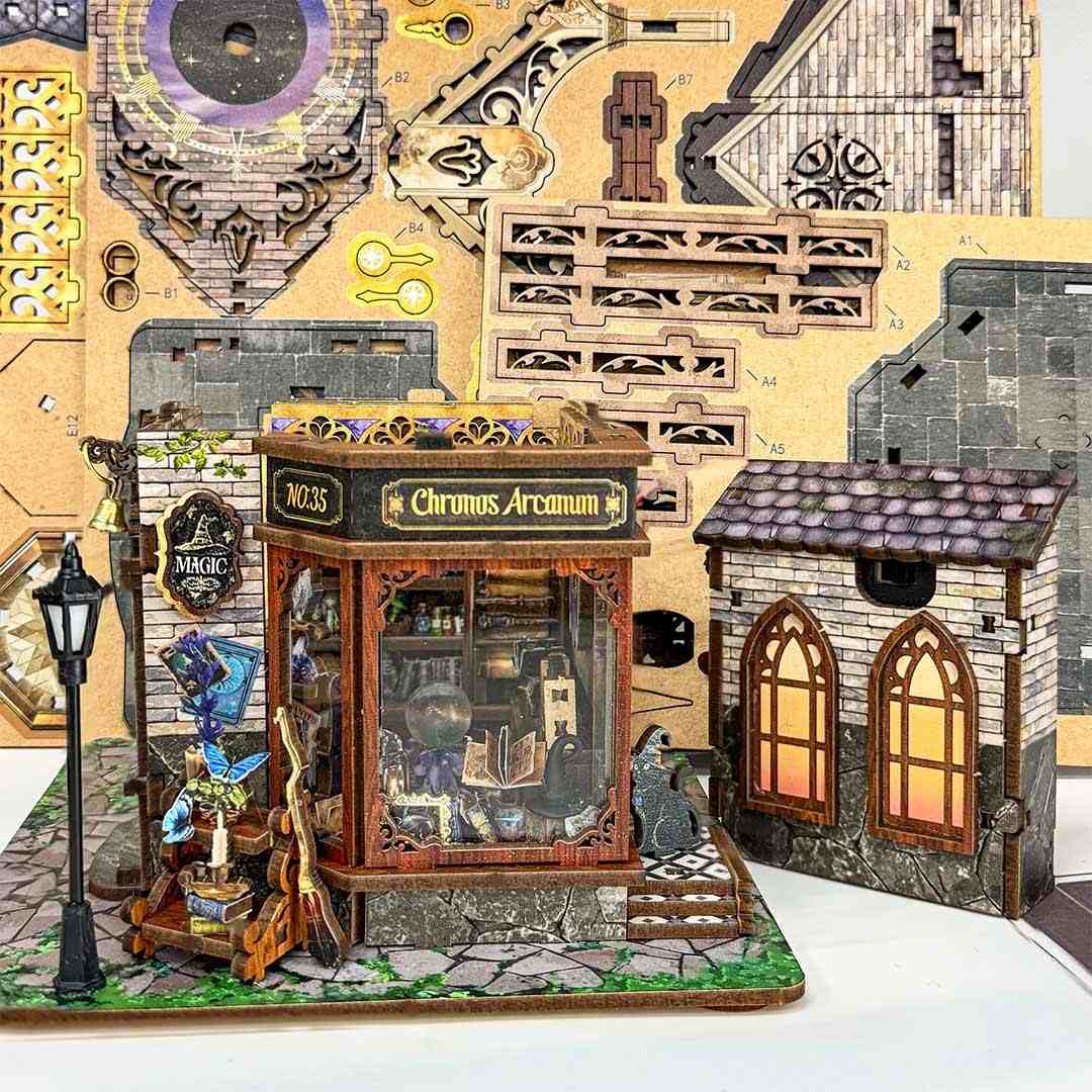Detailed model of a vintage magic shop building with intricate design elements