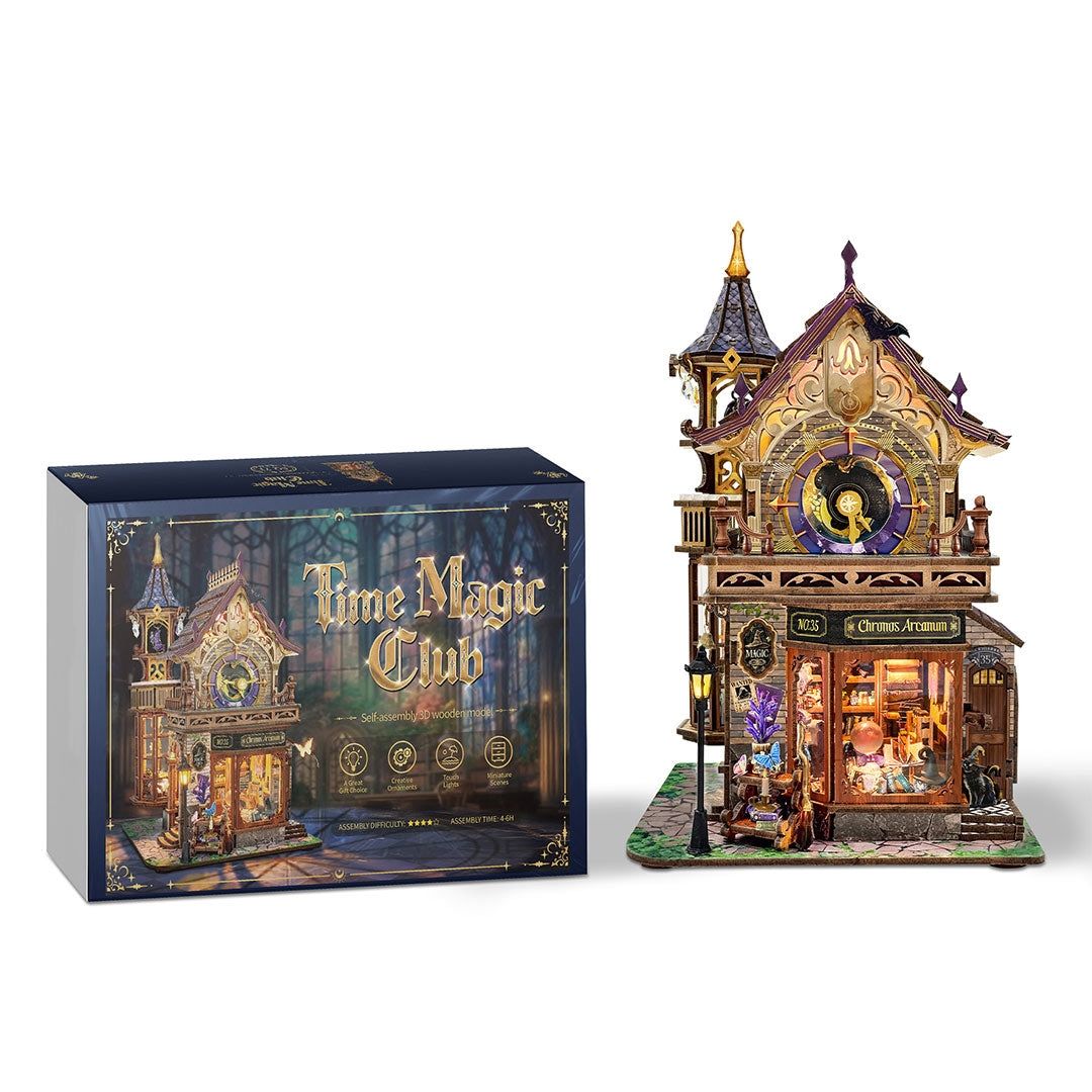 assembled Time Magic Club of clock tower design with its packaging on a white background