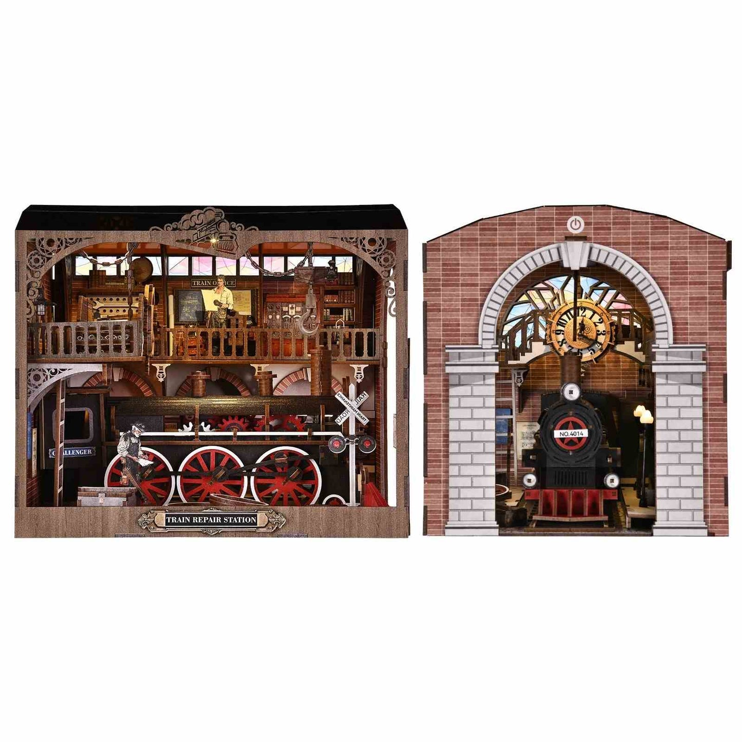 different side views of Assembled train repair station Model with detailed architecture and train, displayed against a white background.
