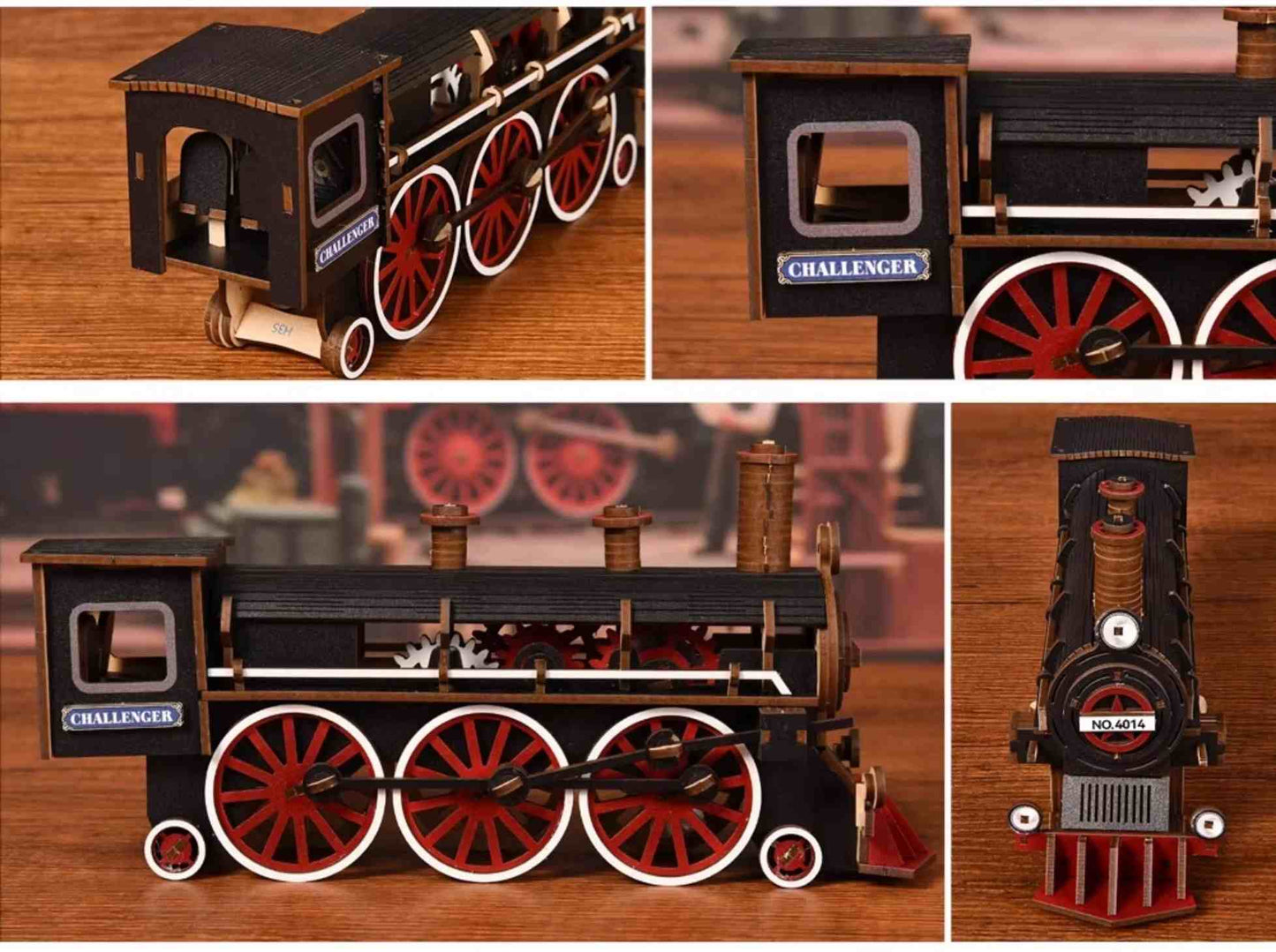 Collage of a wooden steam locomotive miniature model