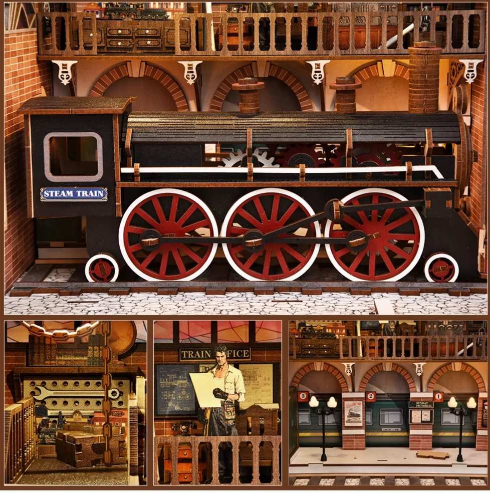 Detailed model of a steam train with a miniature train station scene below