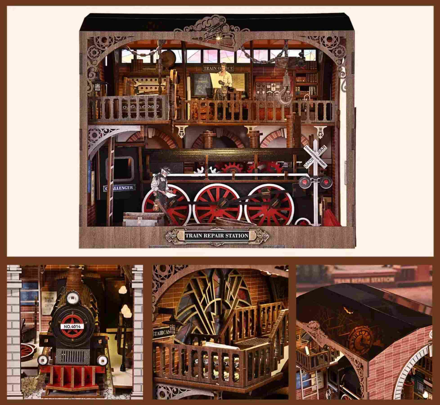Detailed wooden miniature model of a train repair station with various components and a train.