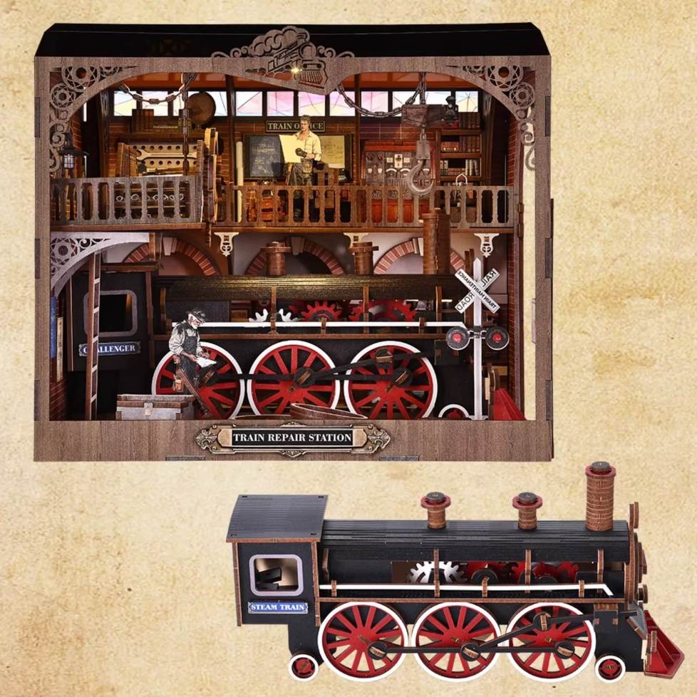 miniature Model train repair station with detailed interior and a train on a beige background