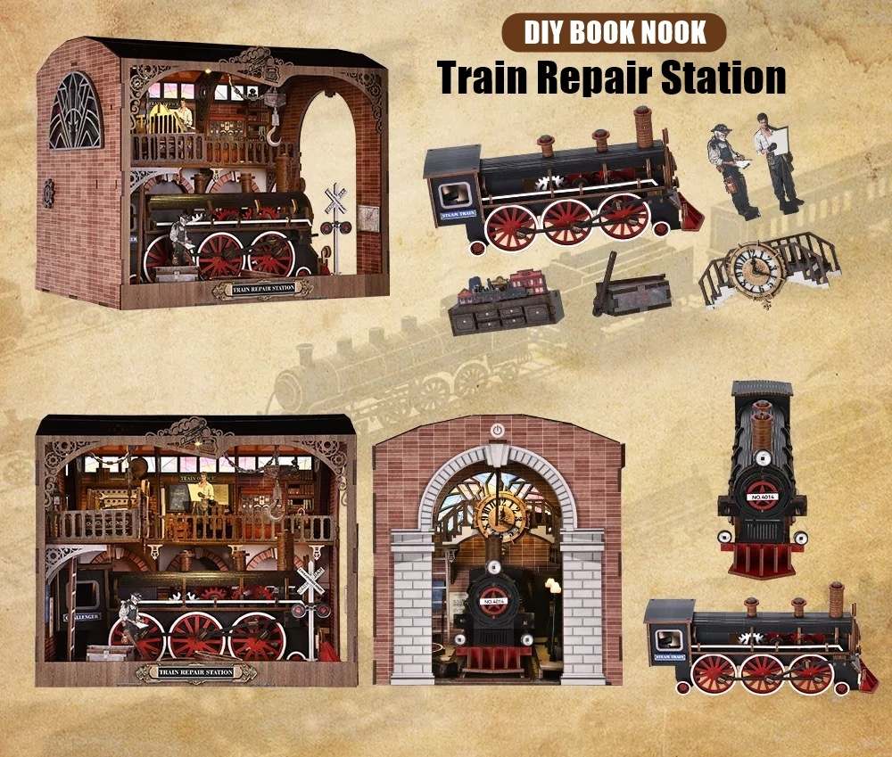 DIY book nook train repair station with various components on a vintage-style background.