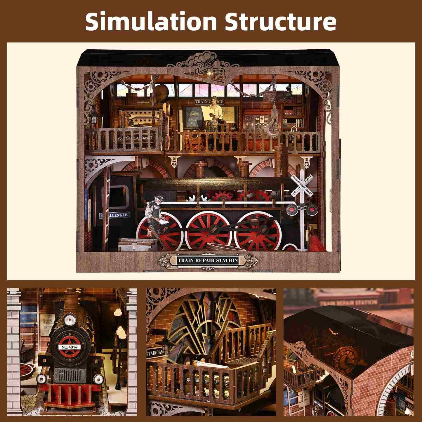 wooden miniature Model of train repair station with detailed interior and exterior views