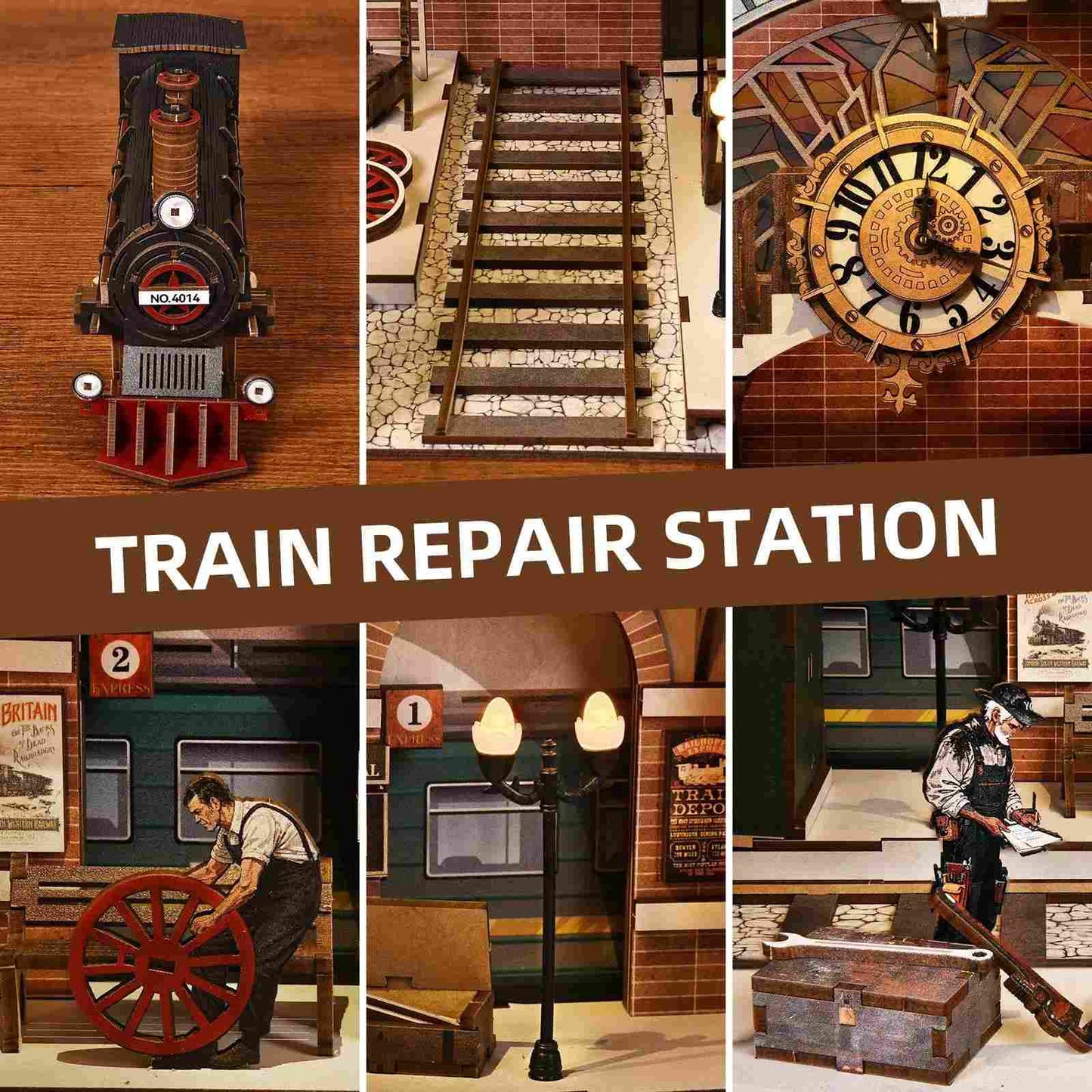Collage of miniature decor item details of train repair station book nook
