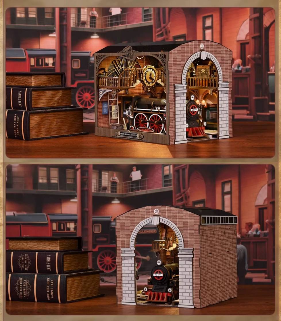 different angle views of assembled Detailed miniature book nook model of a steam locomotive with architectural elements on a wooden platform.