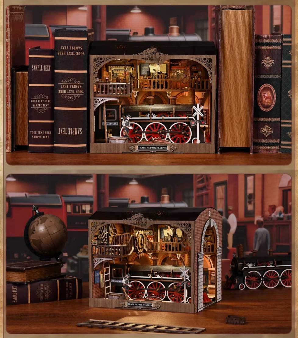 Lit Miniature model train repair station with detailed architecture items between books as a book shelf decoration