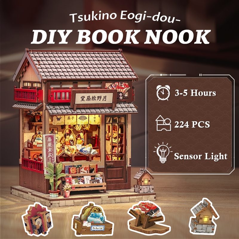 Model of a wooden Japanese shop with text indicating 'Tsukino Eogi-dou DIY Book Nook' and product details.