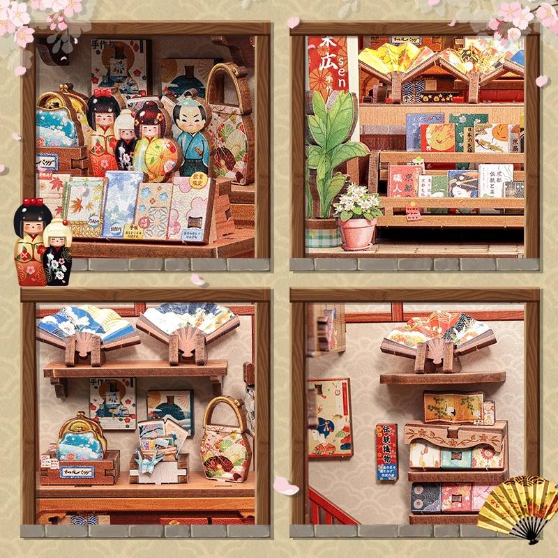 collage of Miniature scenes of TsukinoEogi-dou Miniature House with various decorative items