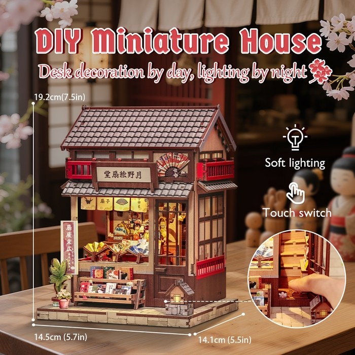 assembled Japanese Store Miniature House in a traditional Japanese vibe setting and the product features