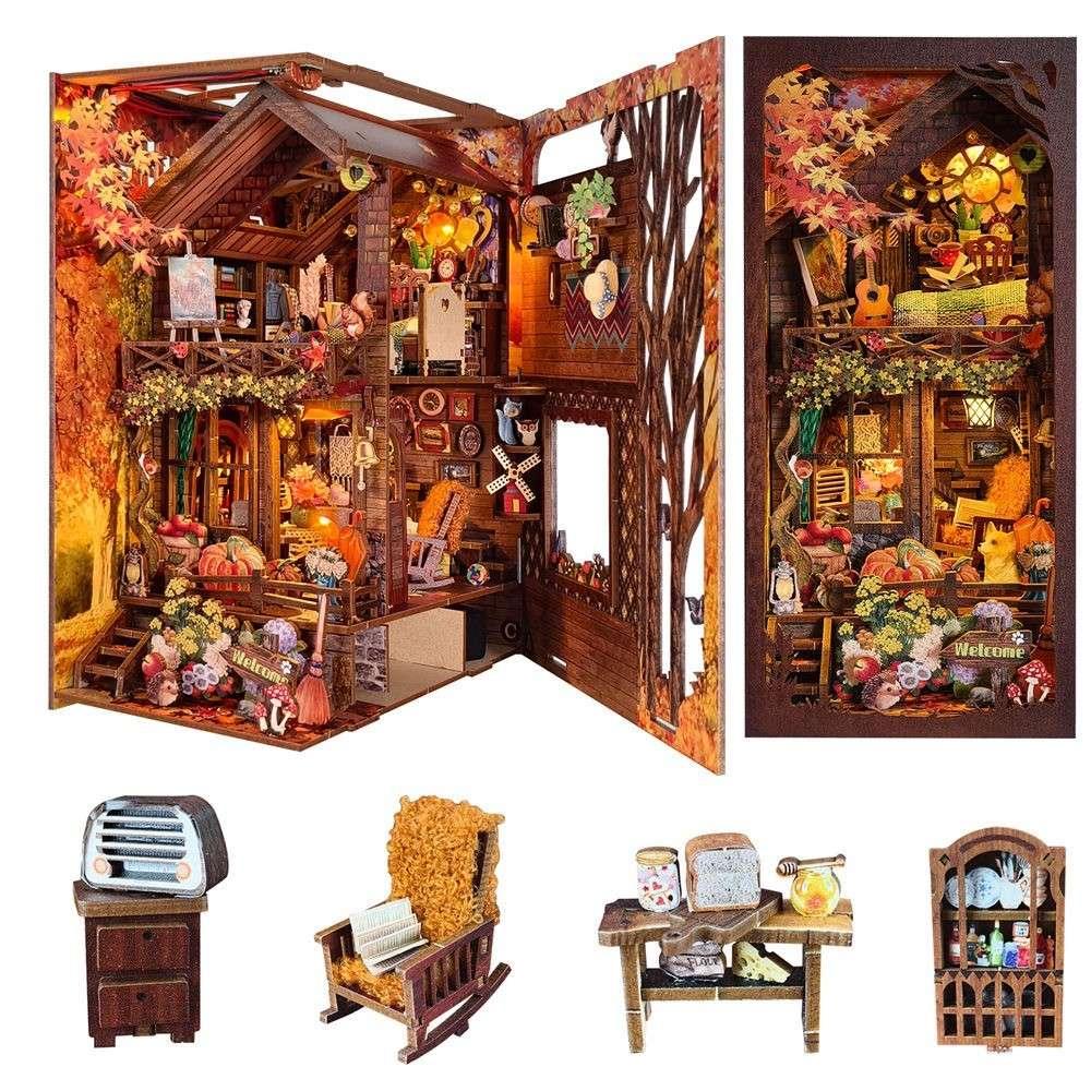 Twilight Cottage DIY Book Nook Kit, a miniature crafts featuring a a delightful miniature cottage scene. Perfect for DIY lovers, bookend lovers, model building lovers, dollhouse collectors, bookshelf insert decor.