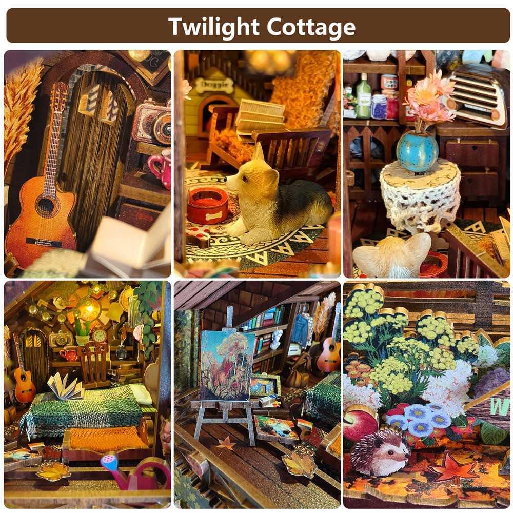Twilight Cottage DIY Book Nook Kit, a miniature crafts featuring a a delightful miniature cottage scene. Perfect for DIY lovers, bookend lovers, model building lovers, dollhouse collectors, bookshelf insert decor.