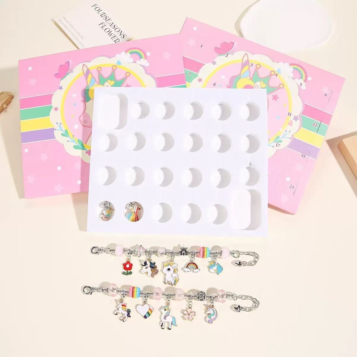 Bracelets with charms on a Unicorn-themed advent calendar with colorful designs