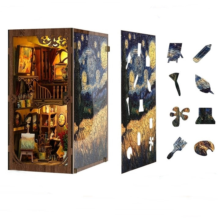 image displaying the Starry Night jigsaw puzzles on the right cover of Van Gogh Studio Book Nook