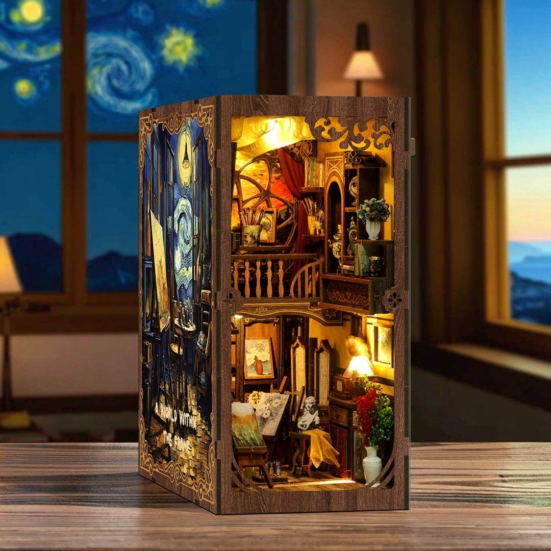 image displaying the Van Gogh Studio Book Nook in a starry night setting