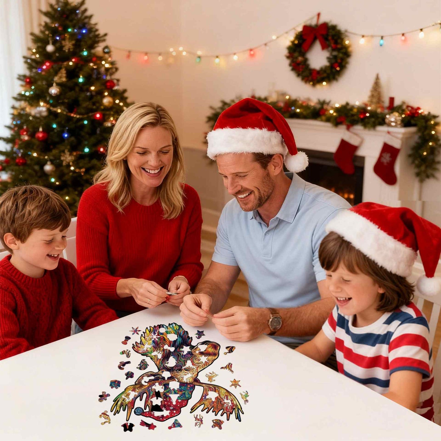 Vibrant Christmas Moose Wooden Jigsaw Puzzle - Abstract Animal Whimsy Pieces