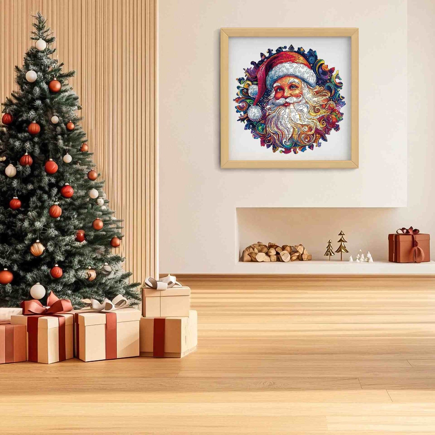 Vibrant Santa Portrait Wooden Jigsaw Puzzle - Psychedelic Christmas Art