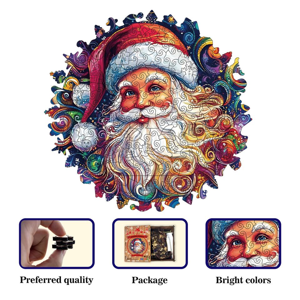 Vibrant Santa Portrait Wooden Jigsaw Puzzle - Psychedelic Christmas Art