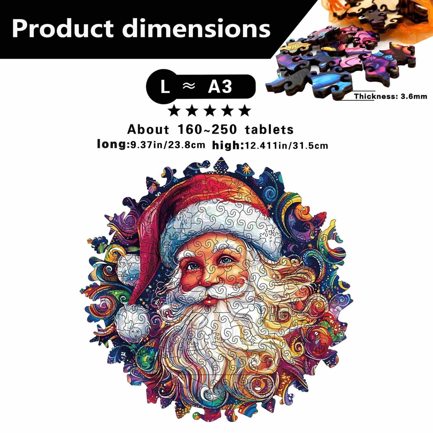 Vibrant Santa Portrait Wooden Jigsaw Puzzle - Psychedelic Christmas Art